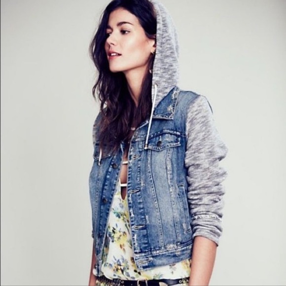 Free People Distressed Jean Jacket Womens Small Blue Gray Terry Hood Arms - Picture 1 of 11